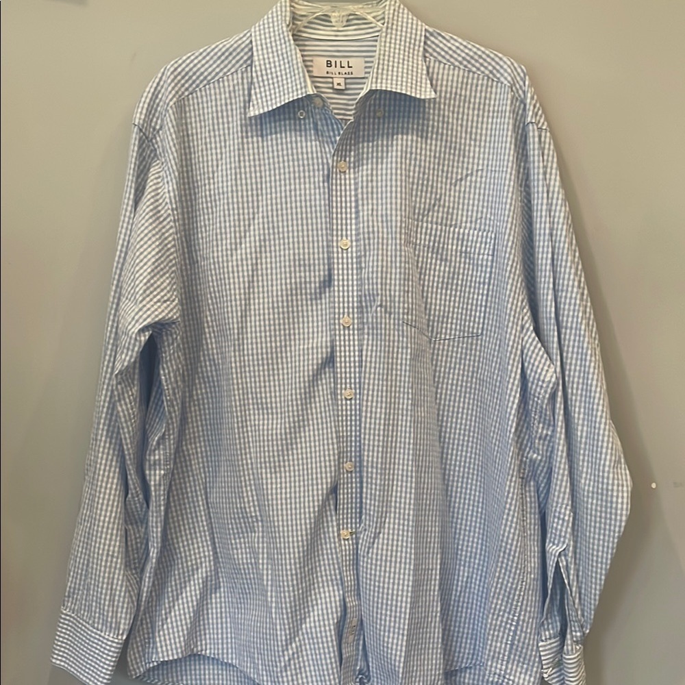Men's Blue Checkered Shirt long sleeve dress shirt xl bill blass